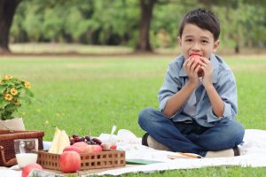 Happy child has a picnic in summer park, cute smiling Asian boy eating an apple while sitting on mat on green grass. Little child eats fruit during picnic. Joyful kid enjoys playing outdoors.